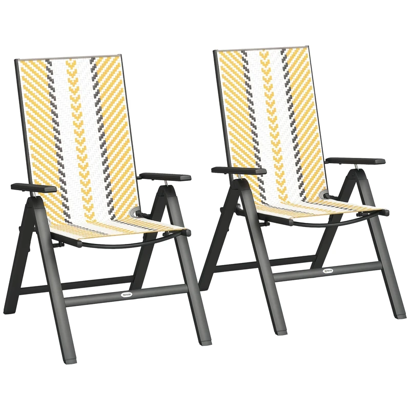 Outsunny Folding Rattan Garden Chairs Set of 2, 5-Position Reclining Garden Dining Chairs, High Back PE Wicker Outdoor Recliners with Armrest and Steel Frame for Patio, Terrace, Balcony, Orange