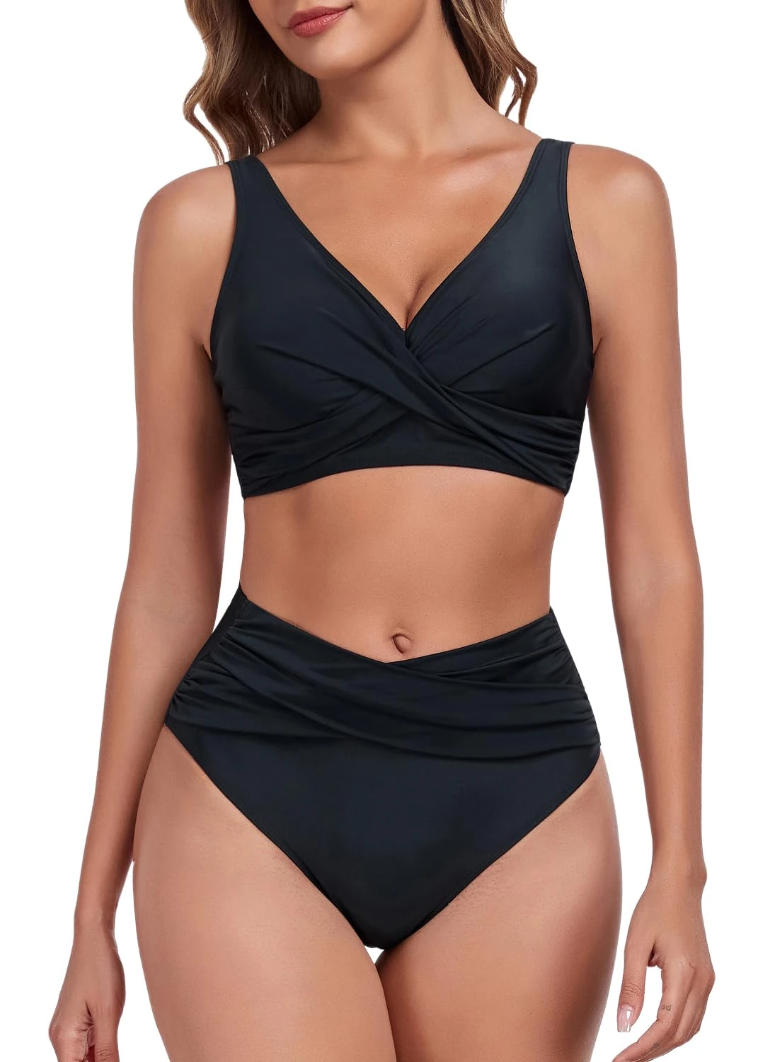 Deriwone Twist Front Bikini Set Tummy Control Swimsuit V Neck Two Pieces Swimwear Adjustable Bathing Suits Black,L