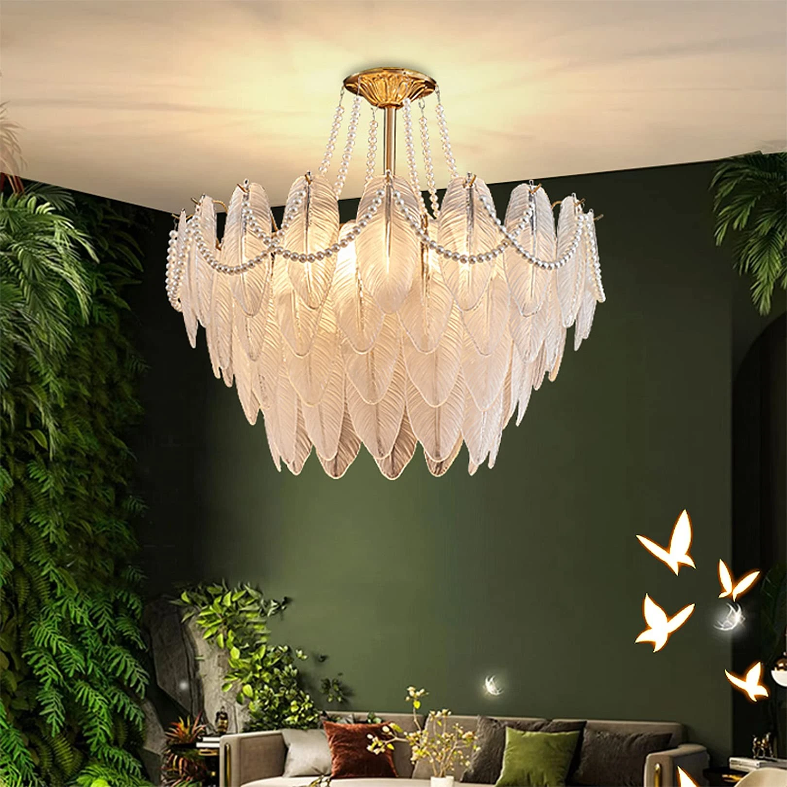 Chandelier Contemporary Glass Ceiling Chandelier with Textured Leaf Shade, Creative Glass Feather Art Deco Pendant Light, Adjustable Cord 4/6 Lights Hanging for Living Room, Gold, 60cm