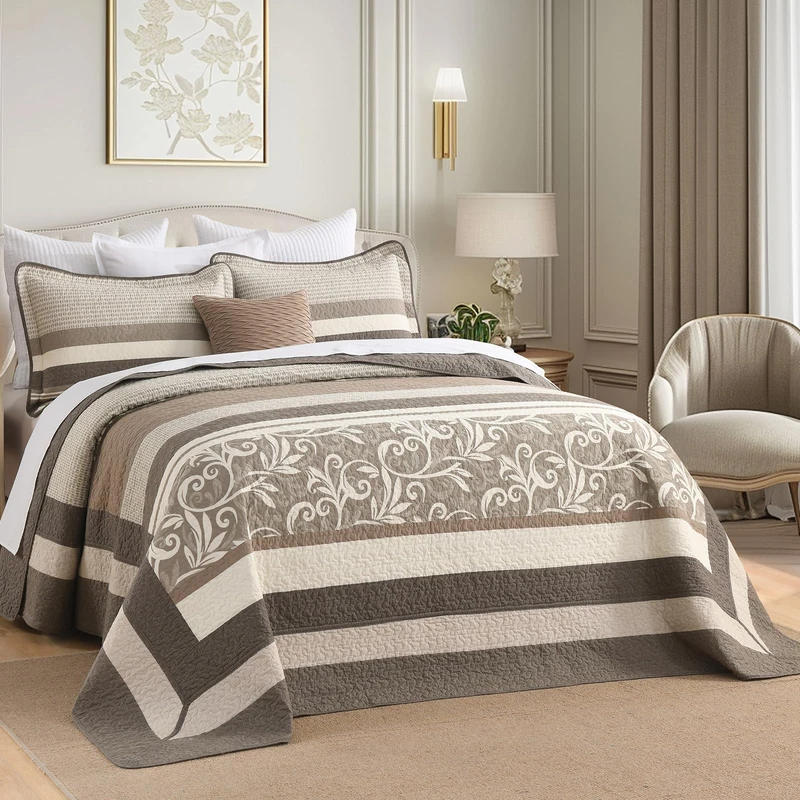 FineStichery Lightweight King Bedspreads 120x120, 100% Cotton Oversized Quilt, Striped Botanical Pattern Coverlet, Reversible Farmhouse Quilted Bedding Set 3 Piece, Brown/Dark Brown/Beige