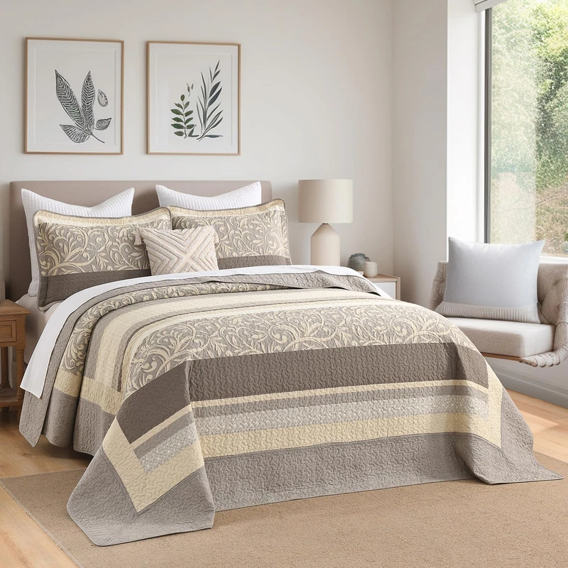 FineStichery Lightweight Queen Bedspreads 120x102, 100% Cotton Oversized Quilt, Striped Botanical Pattern Coverlet, Reversible Farmhouse Quilted Bedding Set 3 Piece, Brown/Taupe/Cream