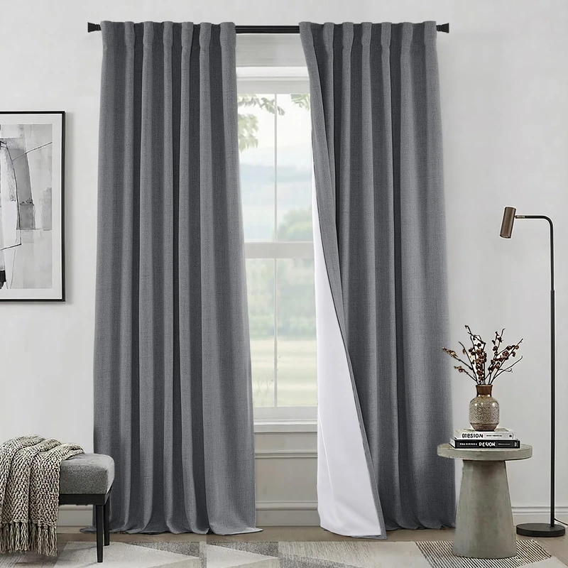 Dark Grey Linen Blackout Curtains for Bedroom Track System, 96 Inch Long Heather Gray Tweed Textured Thermal Insulated Curtains for Boys Room, 2 Panel Set
