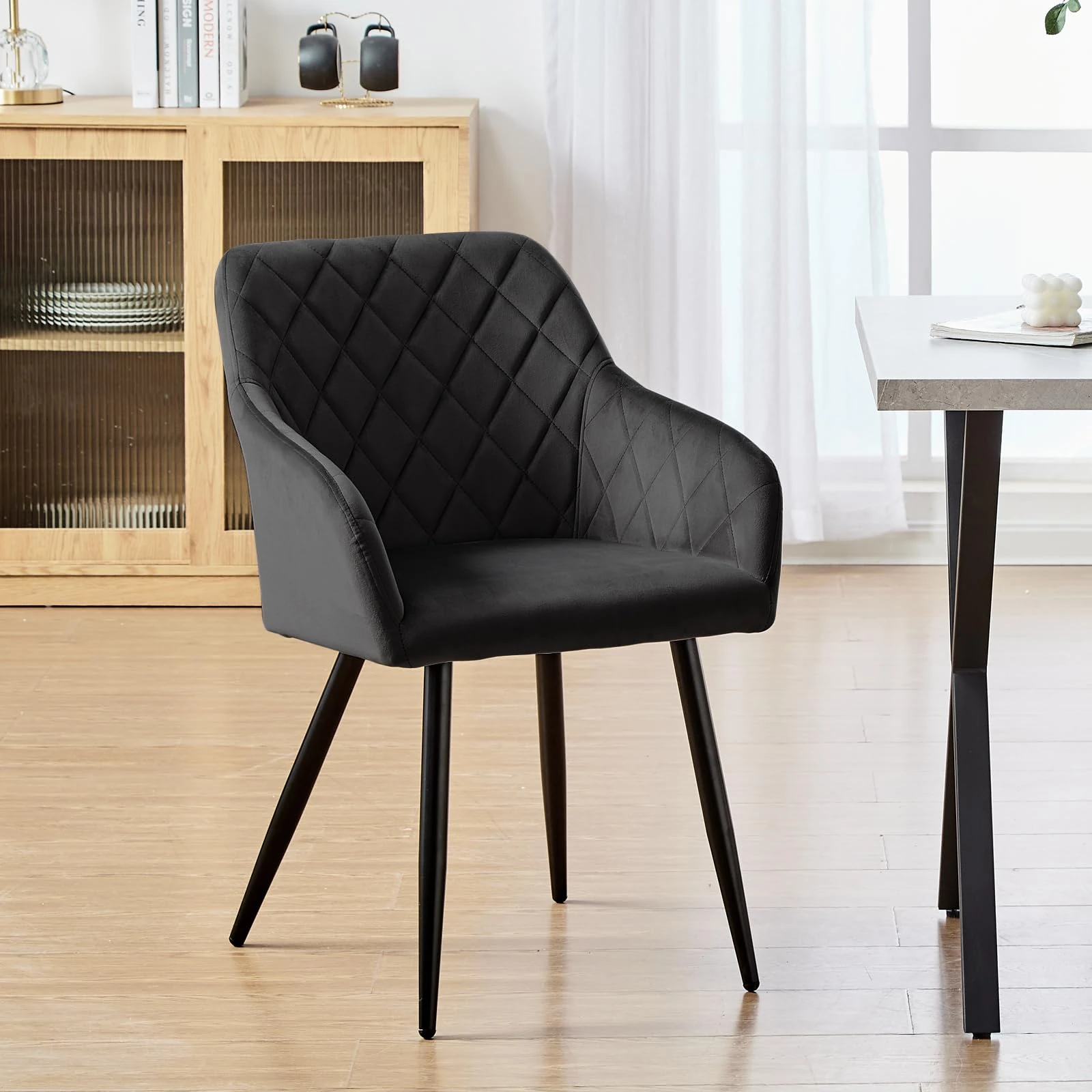 CLIPOP Single Dining Chair Velvet Living Room Armchair with Upholstered Seat and Metal Legs Kitchen Counter Chair for Bedroom Lounge Home Office (1, Black)