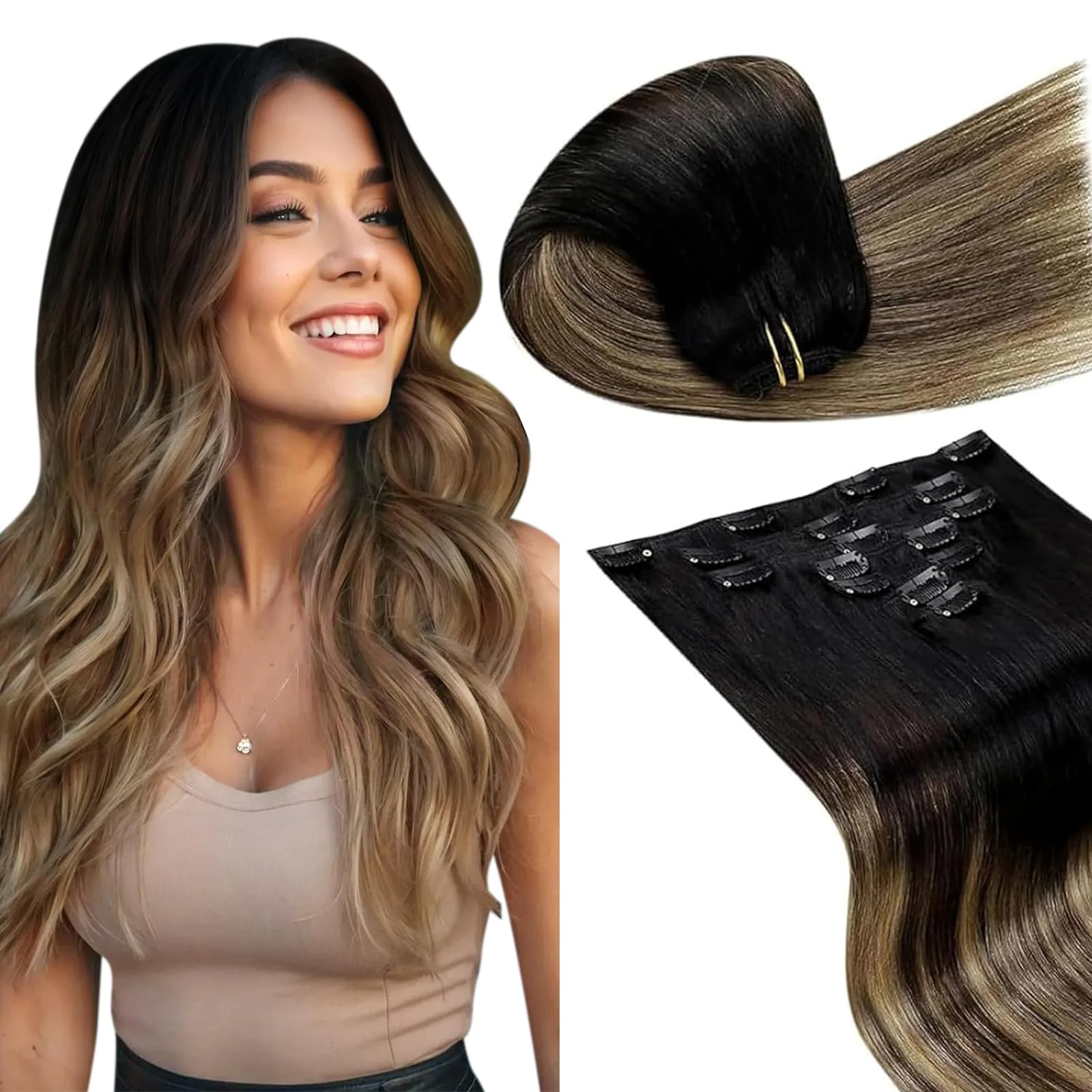 LaaVoo Clip in Hair Extensions Real Human Hair Black Hair Extensions Clip in Straight Balayage Dark Brown & Blonde Remy Hair Full Head Double Weft 80g 5pcs 12 Inch #1b/4/27