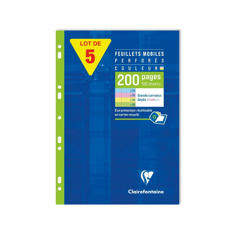 Clairefontaine 17511C 5 Perforated Loose-Leaf Cases 4 Colours - A4 21x29,7 cm - 200 Large Pages Seyes Ruled - White Paper 90 g - Assorted Colours (50 Yellow, Blue, Pink and Green Pages)