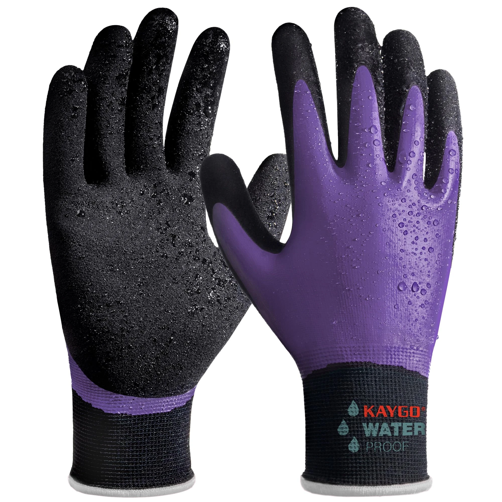 KAYGO Waterproof Work Gloves for Men and Women with Insulated Double Latex Coated, Non-Slip Super Grip for Gardening Car Washing Fish Cleaning (Purple, XL, 1 Pair)