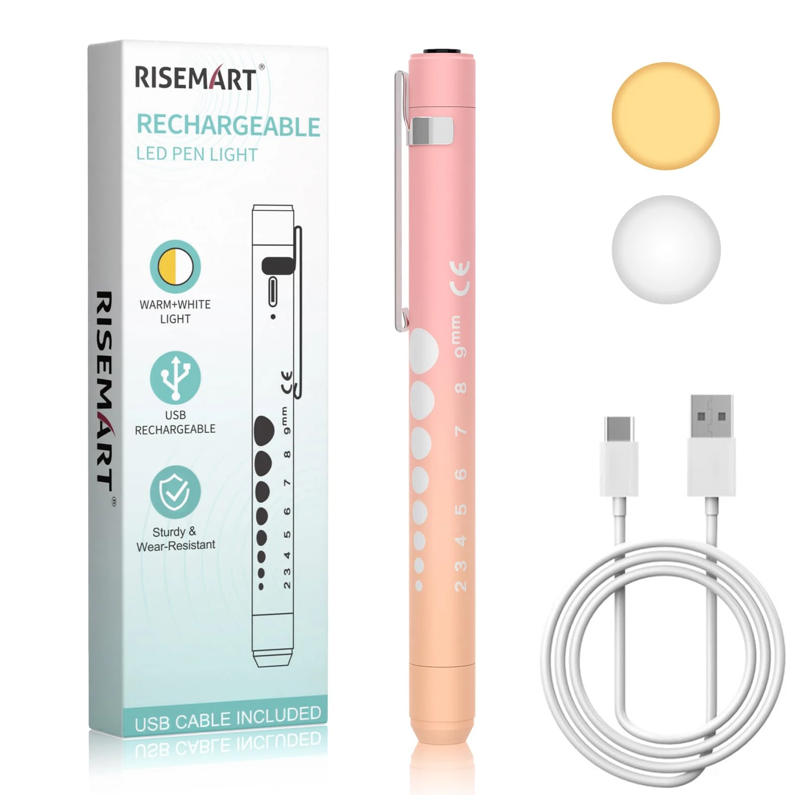 Pen Torch Rechargeable, RISEMART 1PCS Pen Light LED Pupil Gauge Pen Torches for Nurses & Doctors (Pink-Orange Fade)
