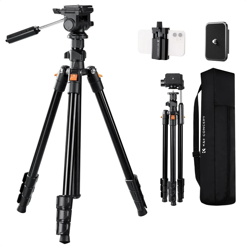 K&F CONCEPT 77"/196cm Video Tripod, Lightweight Travel Tripod with 3-Way Swivel Pan Tilt Head, Phone Holder for Phone/DSLR Camera, Compatible with Canon/Sony/Nikon Camera, Load 4kg/8.8lbs
