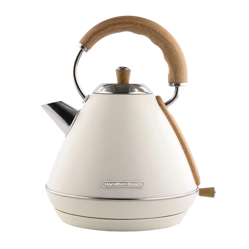 Hamilton Beach Electric Kettle, Scandi 1.7L, Pyramid, Boil Dry Protection, Auto Shut Off, Water Level Window, Stay Cool Handle, Ergonomic Grip, Matte Cream with Wood Effect - HBK02MC