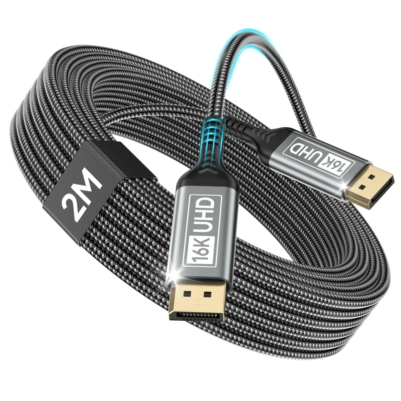 Nersligek DisplayPort Cable 2.1 2M-DP Cable Supports 16K@60Hz, 10K@60Hz, 8K@120Hz, 4K@240Hz/165Hz/144Hz, 2K@360Hz/240Hz, 80Gbps, HDR, DSC1.2a, FreeSync, G-Sync for Gaming Monitor, Graphics Card, PC
