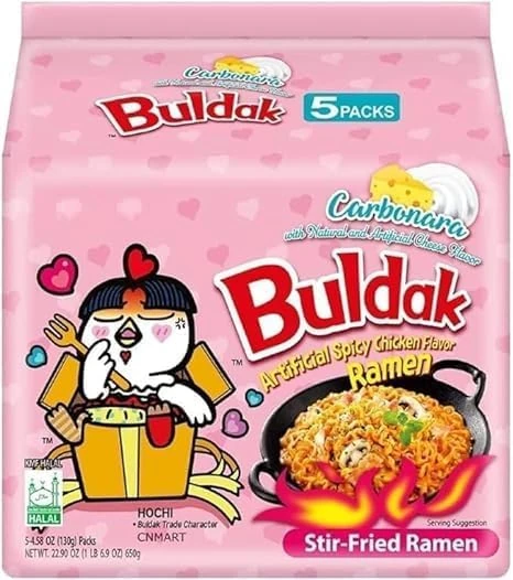 Saras Buldak Carbonara Hot Chicken Flavour Ramen Noodles 130g (Pack of 5) | Spicy & Creamy Korean Instant Noodles | Rich & Cheesy Texture | Perfect for Spice Lovers | Popular Korean Favorite