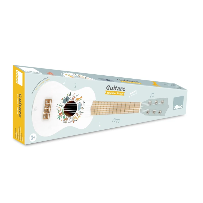 VILAC - Les Animaux du Monde - Sarah Betz - Musical Toy - 1 Lacquered and illustrated wooden guitar with 6 strings + 1 plastic pick - Early learning games - Ages 3 and above - 7109