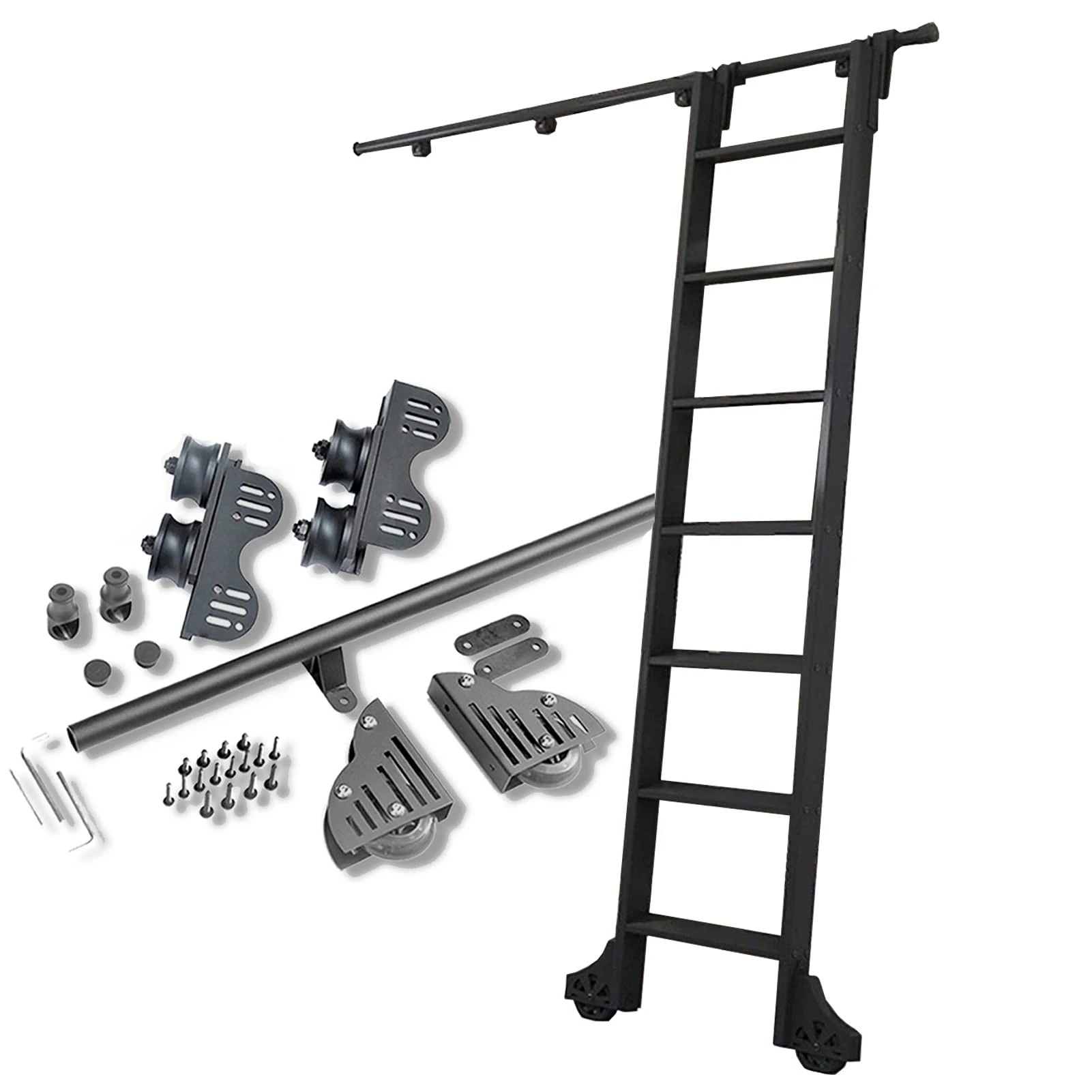 Sliding Ladder Hardware Retractable Rolling Library Ladder Rails Kit, Black Steel Round Tube Mobile Ladder Tracks with Floor Roller Wheels, OneColor, 20ft/600cm Track kit