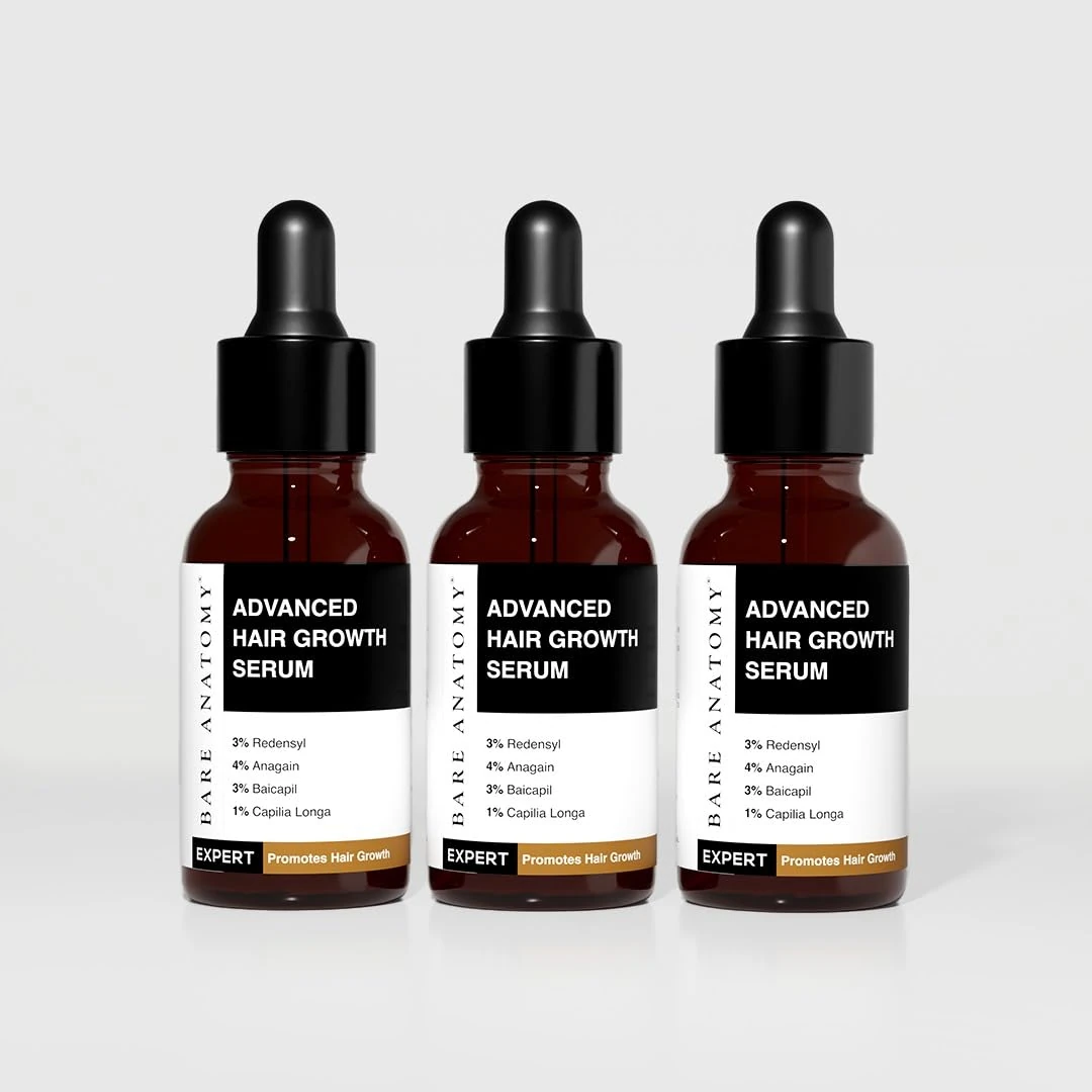 Bare Anatomy Advanced Hair Growth Serum | 3% Redensyl + 4% Anagain + 3% Baicapil + 1% Capilia Longa, Rosemary, Biotin & Rice Extract | Hair growth & Hair fall control serum for Women & Men | Pack of 3