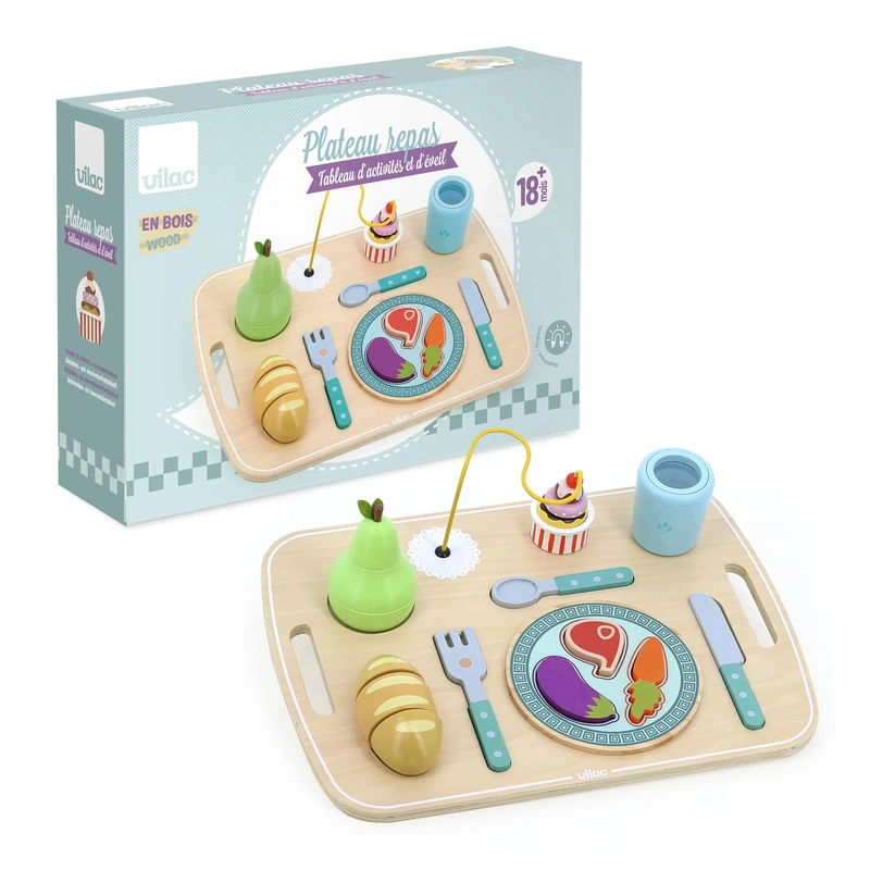 VILAC - 8128 Activity and Learning Board - First Age Toy - 1 Wooden Multi-Activity Lunch Tray - Wooden - From 18 Months - Image 1