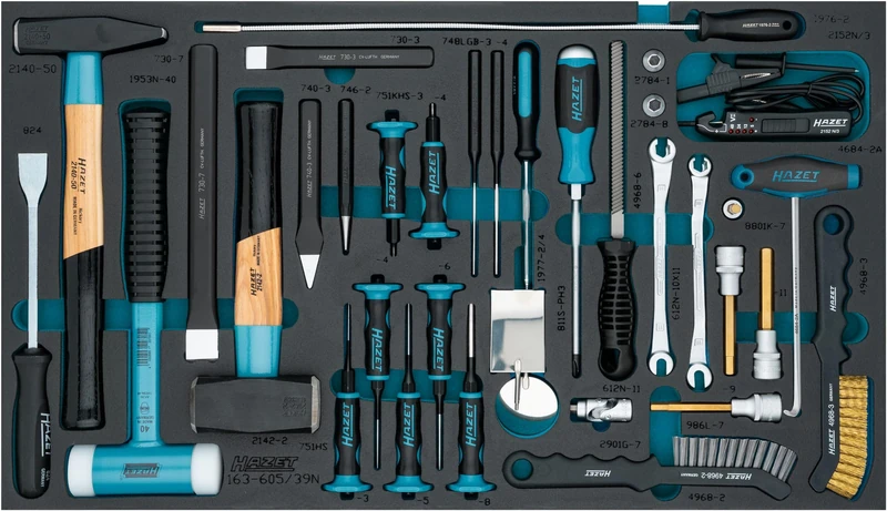 HAZET Universal 39 Piece 163-605/39N 1/2 and 3/8 Inch Square Inner Hexagon Phillips PH3 Hammer Set Ring Wrench Chisel Pin Punch Scraper File