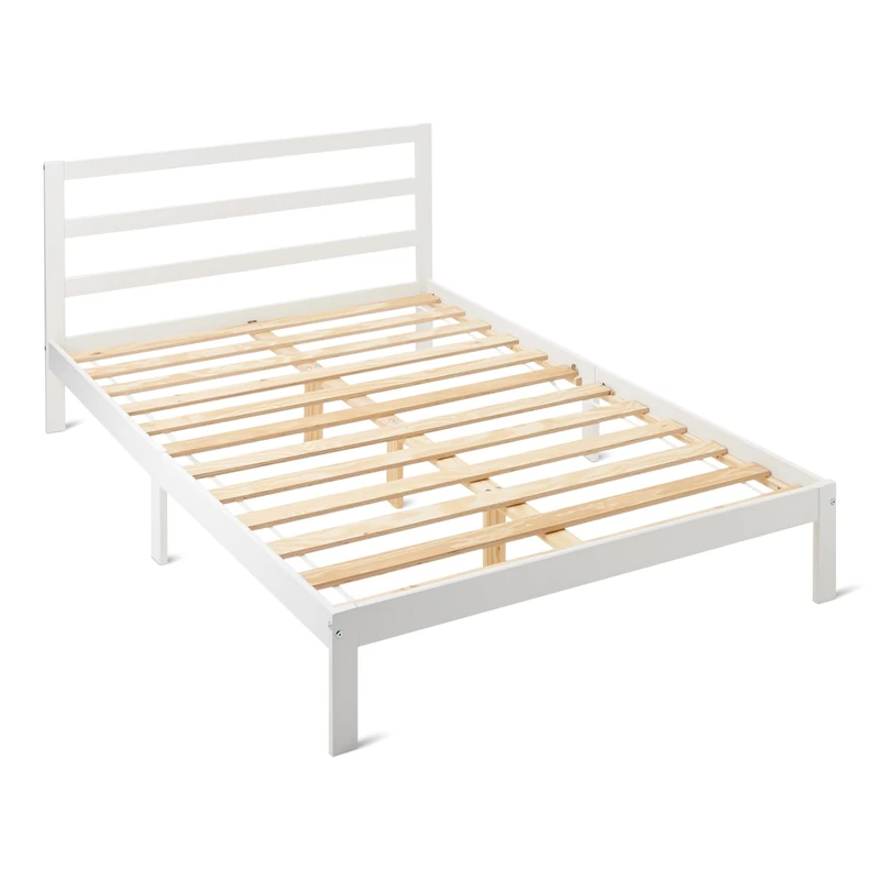 Amazon Basics Double Bed Frame with Headboard, Solid Pine Wood with Bed Slats, 135 x 190 cm, Double, White