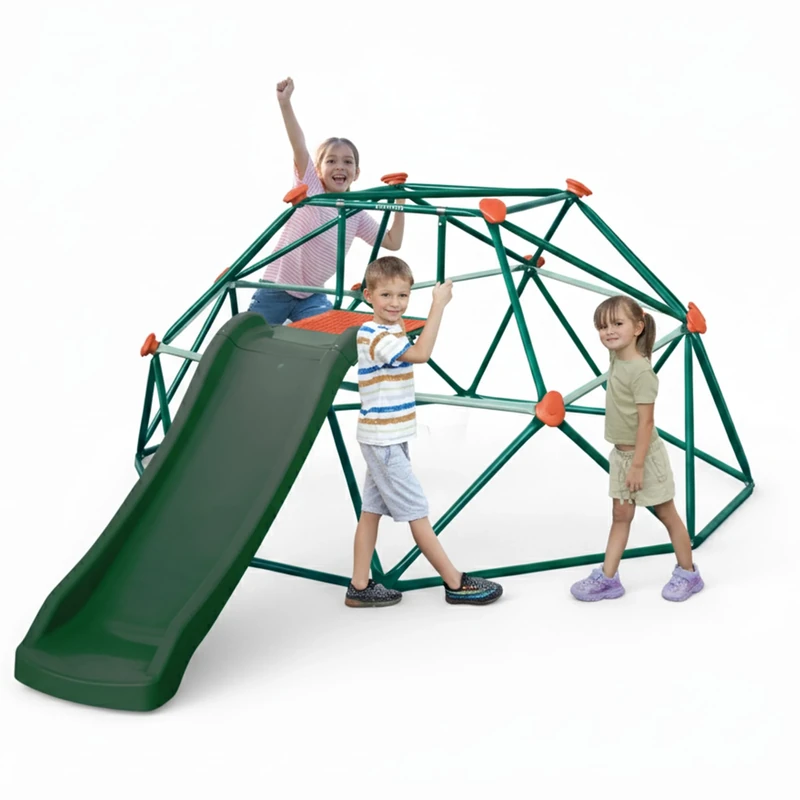 Plum Play Metal Deimos Climbing Frame Dome with support hand grips - 3 years plus - 190 x 190 x 90cm (Green With Slide)
