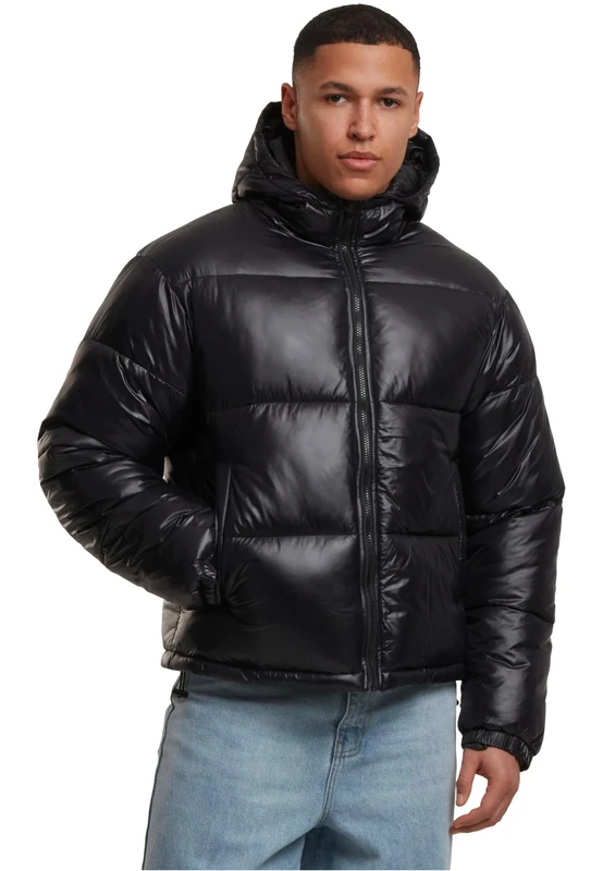 Urban Classics Men's Shiny Puffer Winter Jacket, Shiny Quilted Jacket with Zip, Warm Down Jacket with Hood, Sizes S - 5XL, black, M