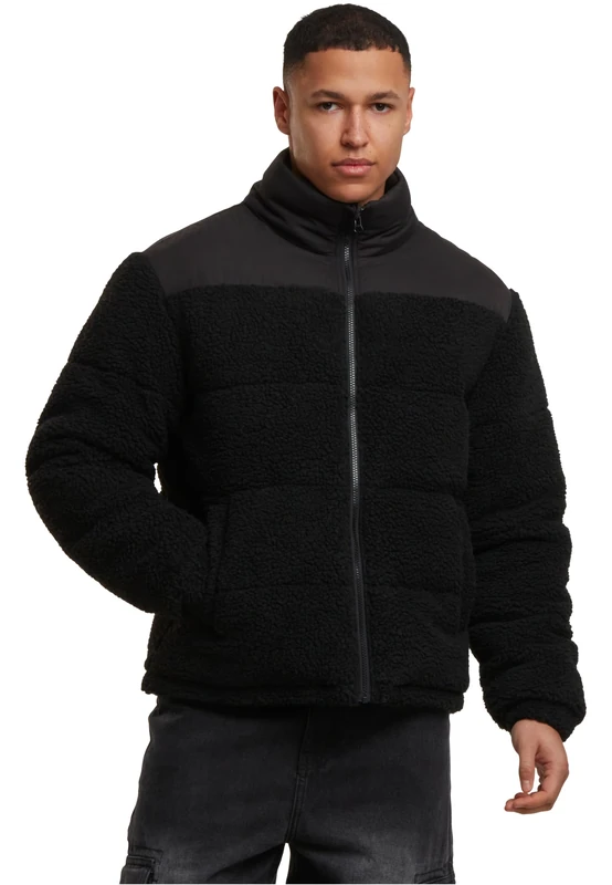 Urban Classics Men's Fabric Mix Teddy Puffer Jacket with Quilted Shoulder and High Collar Sizes S - 5XL, black, L