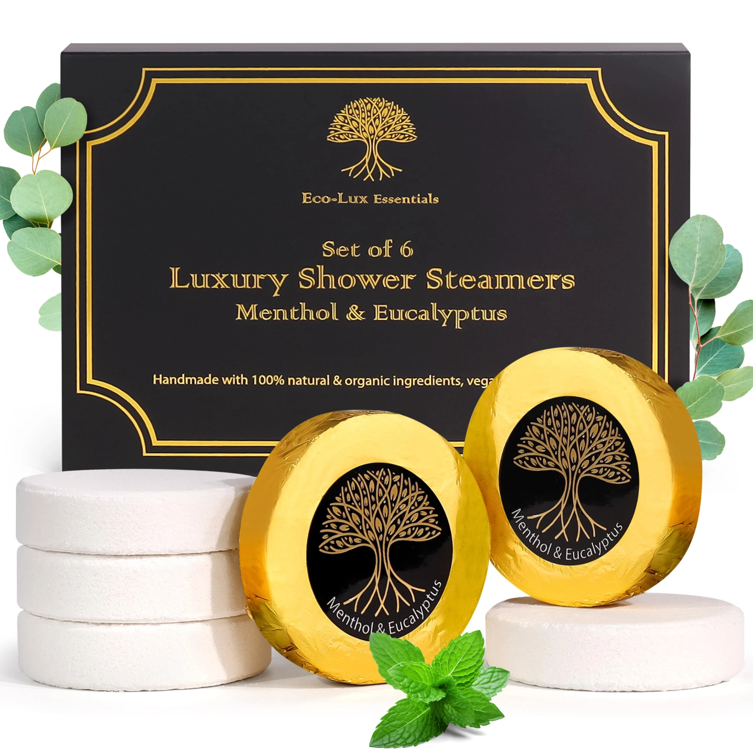 Luxury Shower Steamers for Men & Women – 6 Pack Menthol & Eucalyptus Aromatherapy Shower Bombs – Natural, Vegan Shower Melts for Stress Relief & Congestion – Spa Gift Set for Her, Him, Mom