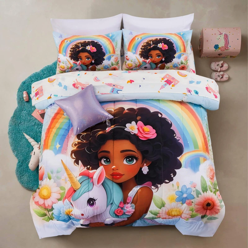 A Nice Night Princess Style Rainbow Unicorn Full Size Comforter Set for Girls - 6 Piece Flower Bedding Sets with Sheets, Breathable and Soft Polyester Fiber, Kids Comforter Set for Teen Girls,Full