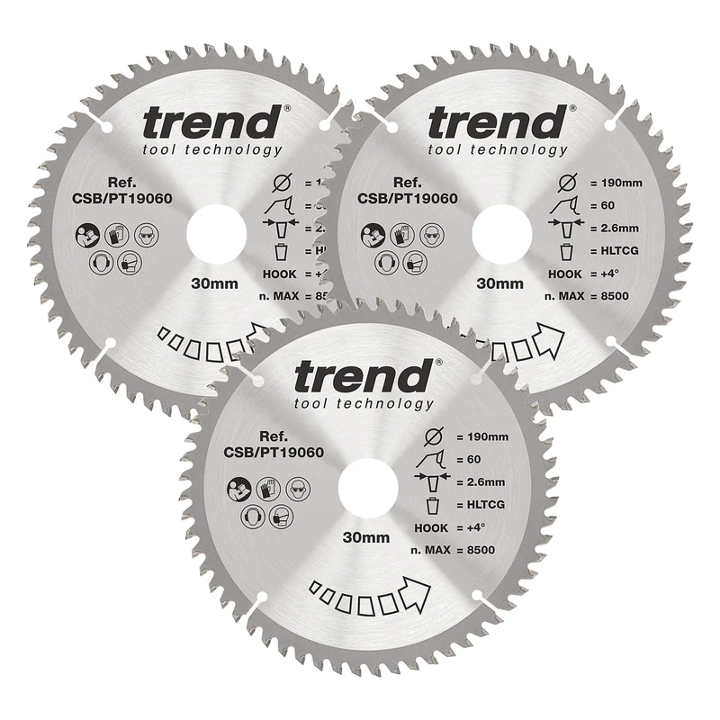 Trend Laminate / HPL Circular Saw Blade, 190mm Diameter, 30mm Bore, 60T, 2.6mm Kerf, +4° Hook, TCT Finish, 3 Pack, CSB/PT190/3PK