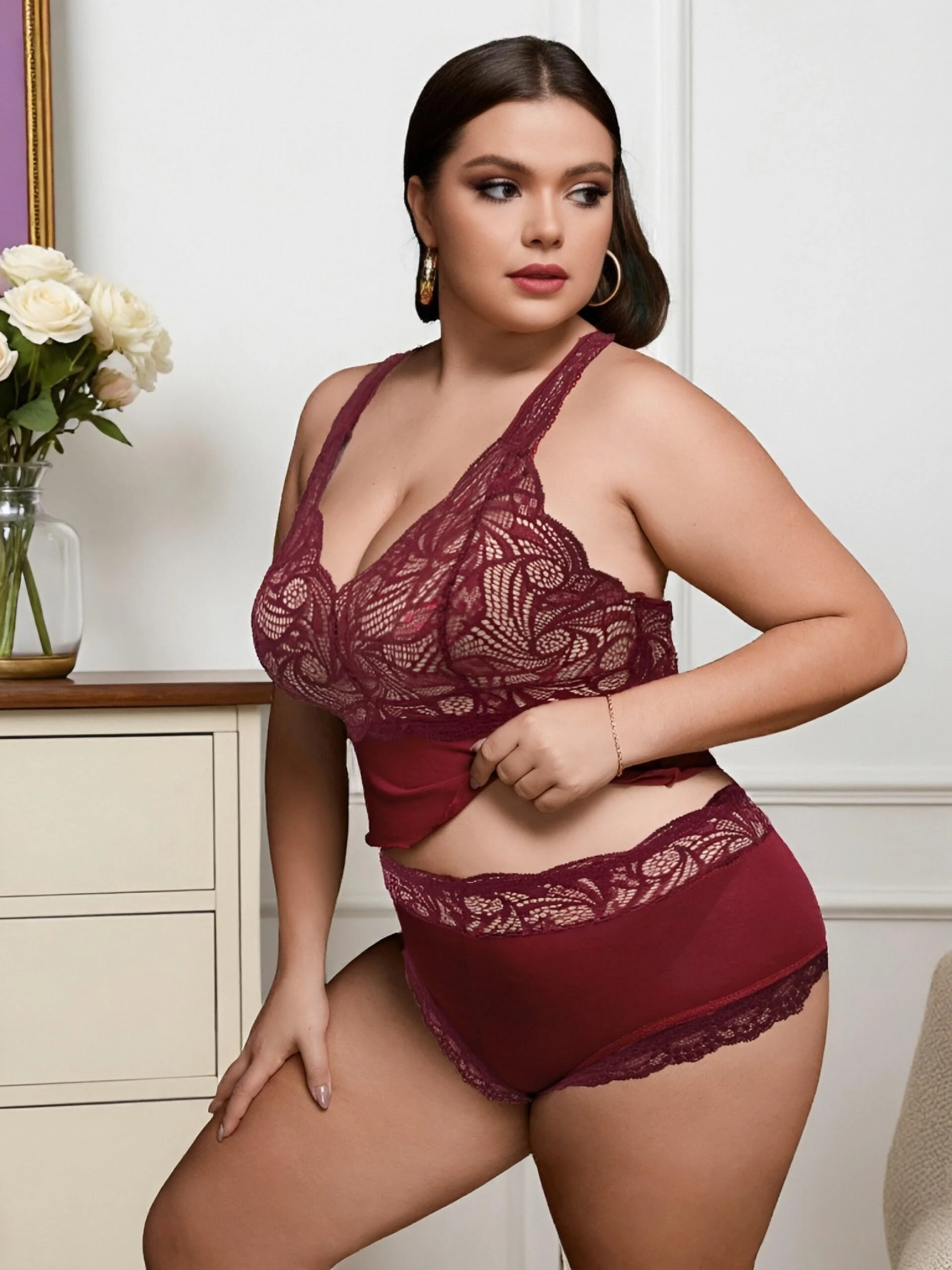 Plus Size Sheer Lingerie Set for Women Sexy See Through Two Piece with Bud Silk Trim Mesh Bralette and High Waist Panty, Burgundy, X-Large