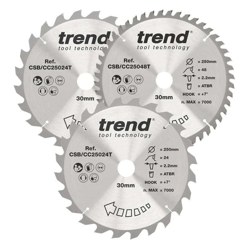 Trend Wood Cordless Mitre Saw Blade, 250mm Diameter, 30mm Bore, 24/48 Teeth, 2.2mm Kerf, +7° Hook, TCT, Coarse/Medium Finish, 3 Pack, CSB/CC250/3/A