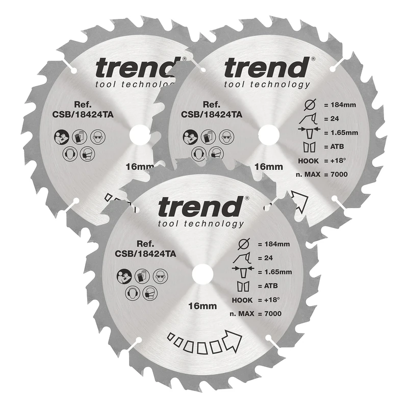 Trend Wood Cordless Circular Saw Blade, 184mm Diameter, 16mm Bore, 24 Teeth, 1.65mm Kerf, 18° Hook, TCT, Coarse Finish, 3 Pack, CSB/184/3PK/A - Image 1