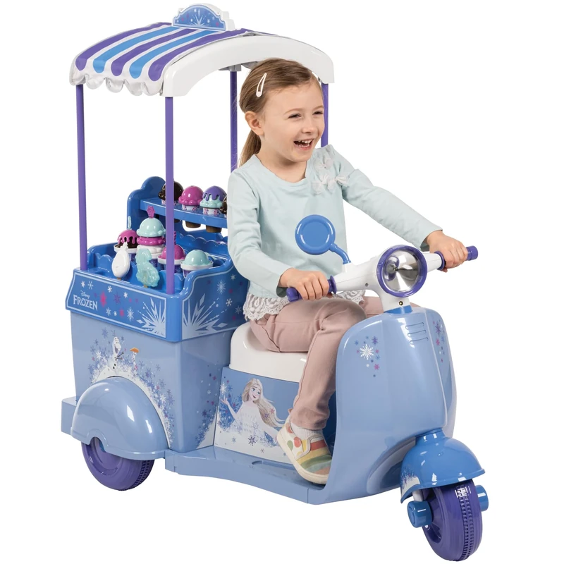 Disney Frozen Ice Cream Cart Motorized Battery Ride-On Moped Toy Bike for Girls with Ice Cream Play Set, Blue