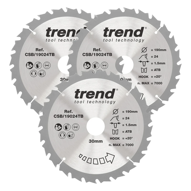Trend Wood Cordless Circular Saw Blade, 190mm Diameter, 30mm Bore, 24 Teeth, 1.5mm Kerf, 20° Hook, TCT, Coarse Finish, 3 Pack, CSB/190/3PK/A