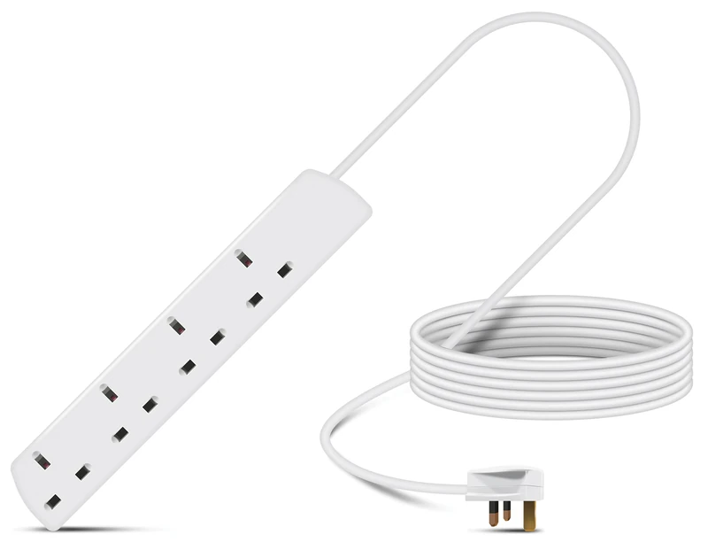 Eagle Four Gang Mains Power 13A Extension Socket to 13A UK Plug Lead Cable, British Standards BS1363 5 m