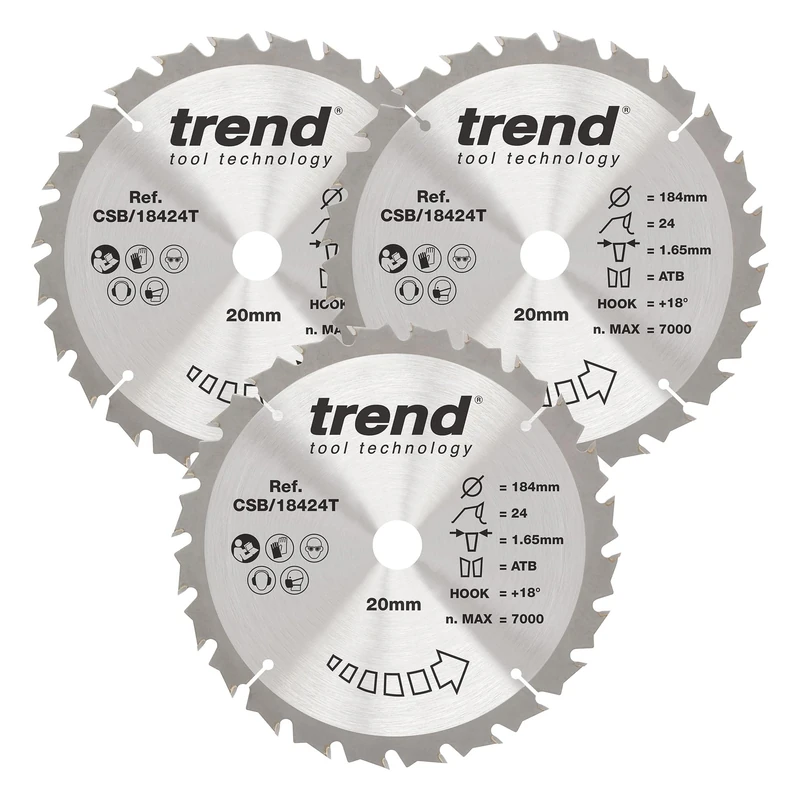 Trend Wood Cordless Circular Saw Blade, 184mm Diameter, 20mm Bore, 24 Teeth, 1.65mm Kerf, 18° Hook, TCT, Coarse Finish, 3 Pack, CSB/184/3PK/B