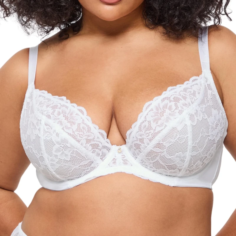 Ann Summers Valentines Sexy Lace Fuller Bust DD+ Non Padded Plunge Bra, DD-H Cup, Curve-Enhancing Womens Underwear with Underwire Support, Sheer Lace Cups & Power Mesh Wings White - Womens Lingerie