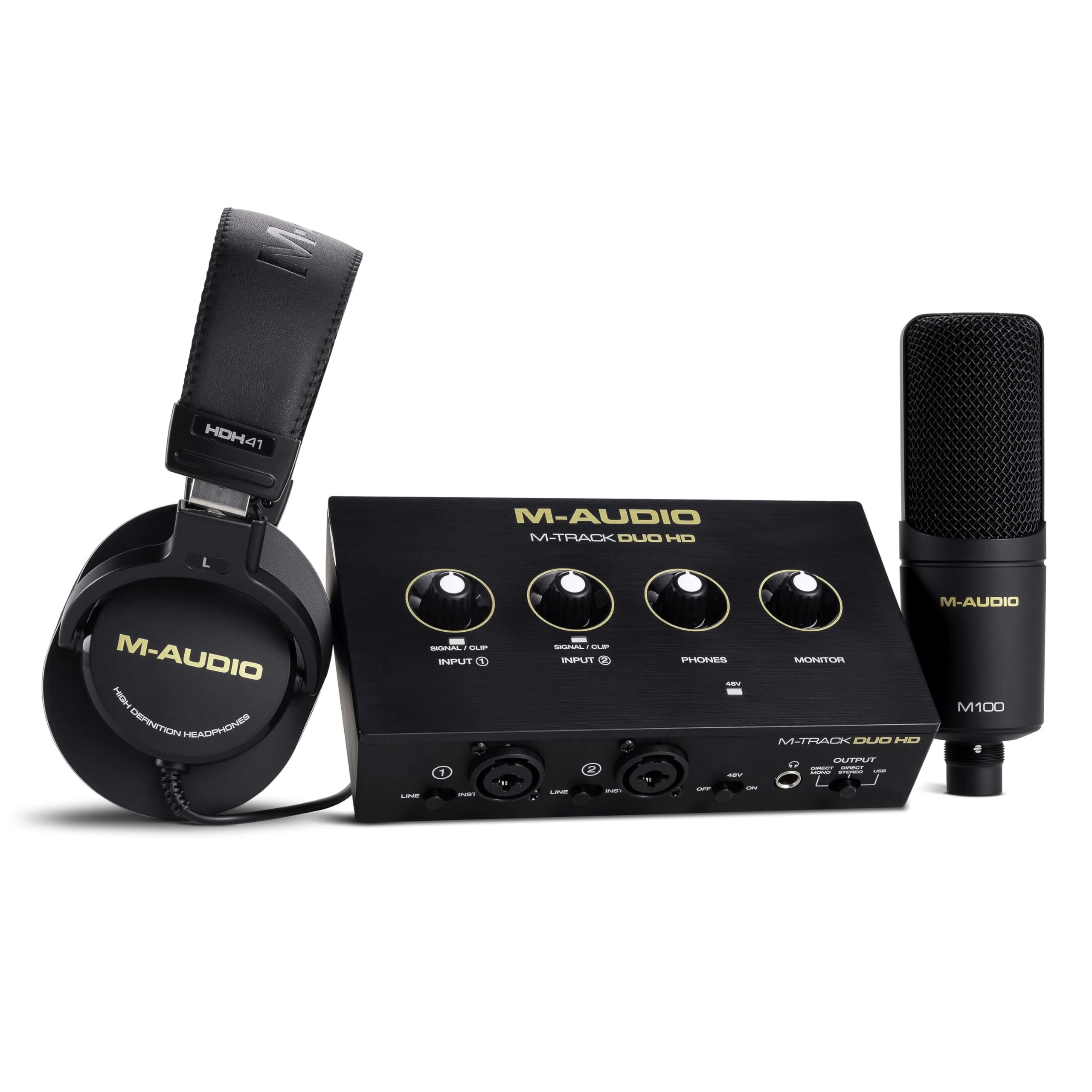 M-AUDIO M-Track Duo HD Audio Interface, M100 Condenser Microphone and HDH41 Studio Monitoring Headphones for Recording, Producers, Content Creators and Podcasters