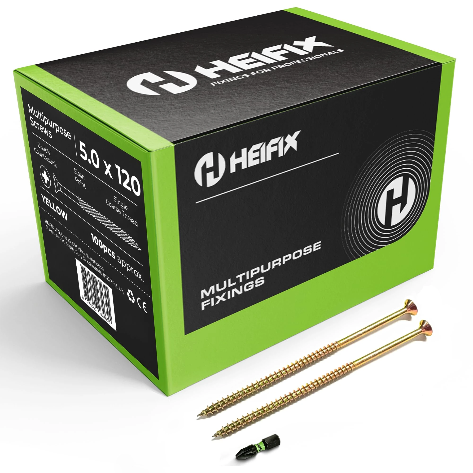 Heifix Multi-Purpose Wood Screws Pozi Double Countersunk - FREE Screw Bit Included (QTY 100, 5mm x 120mm)