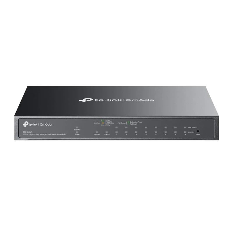 TP-Link Omada ES210GMP 10-Port Gigabit Easy Managed PoE Switch, 8-Port PoE+ Network Switch with 123W Budget, 1× Gigabit SFP/RJ45 Combo Port, Cloud Management, VLAN, QoS, Fanless Metal Ethernet Switch