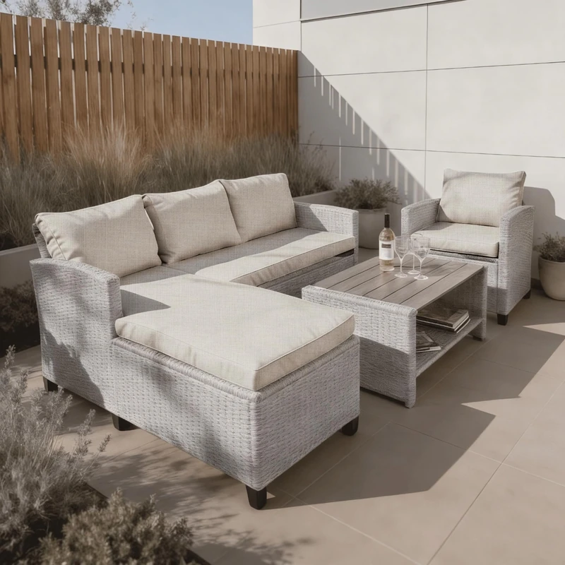 Home Source Trapani Rattan Lounge Set – Grey, Flat Weave & Steel, Cushions Included | Sofa, Armchair, Chaise & Table | Garden Patio Set