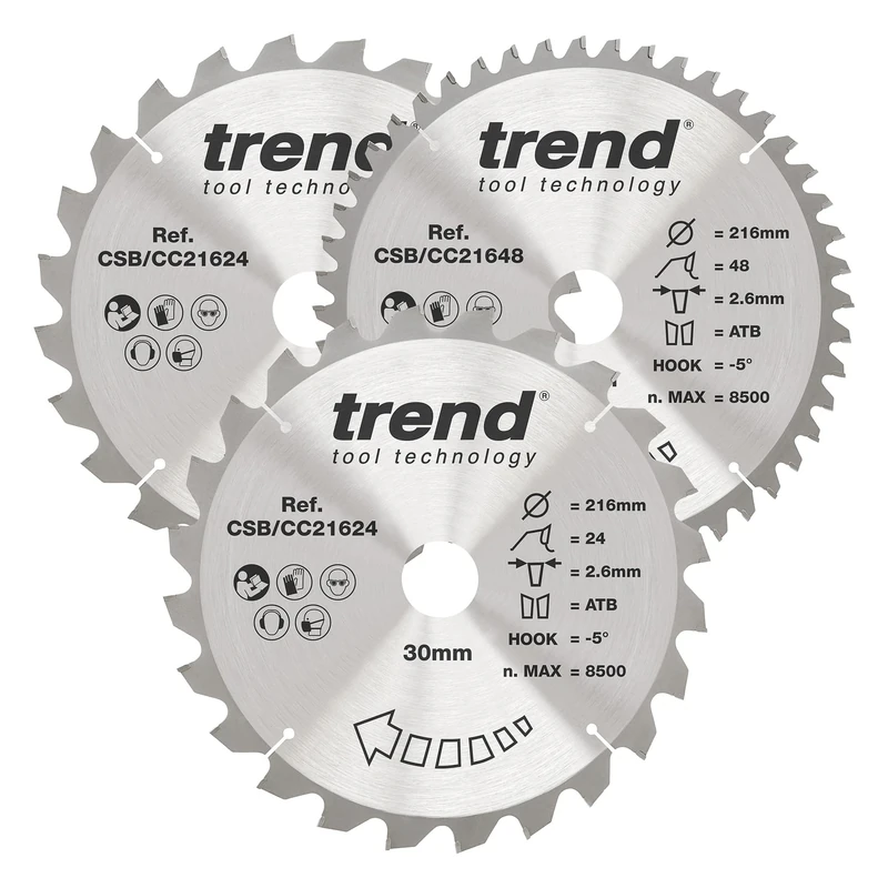 Trend Wood Mitre Saw Blade, 216mm Diameter, 30mm Bore, 24/48 Teeth, 2.6mm Kerf, -5° Hook, TCT, Coarse/Fine Finish, 3 Pack, CSB/CC216/3/A