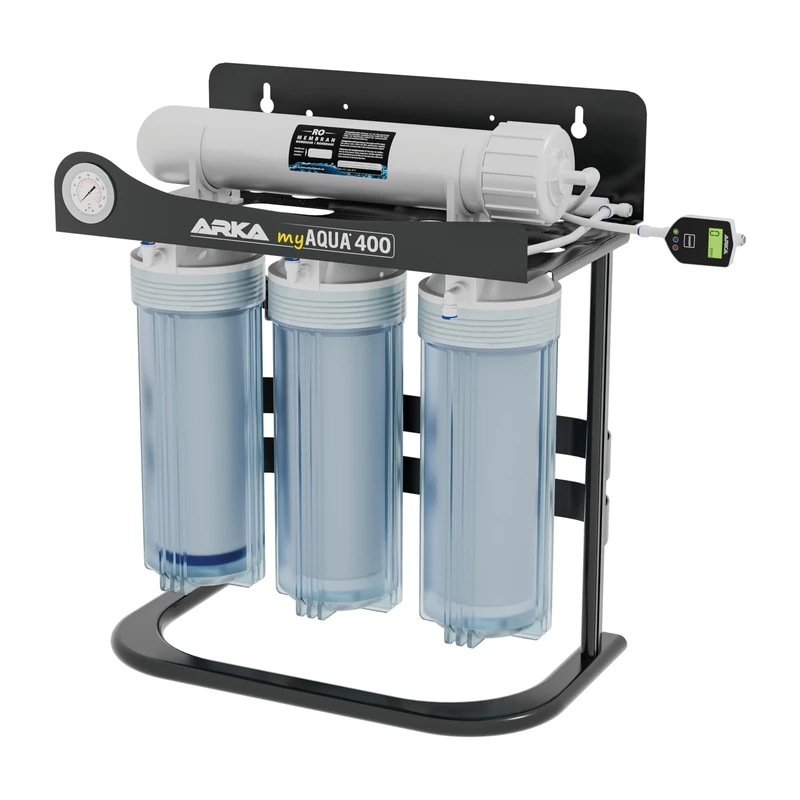 RO system aquarium – ARKA myAQUA 400 – 400 L/day high-performance reverse osmosis unit – removes 99% of salts, bacteria & nitrate – compact smart filter for aquariums & household – LED change alert