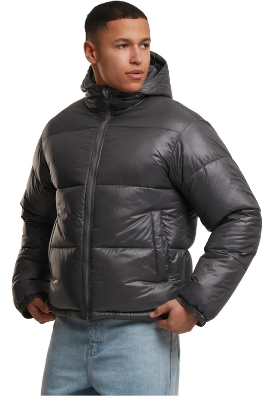 Urban Classics Men's Shiny Puffer Winter Jacket, Shiny Quilted Jacket with Zip, Warm Down Jacket with Hood, Sizes S - 5XL, magnet, M
