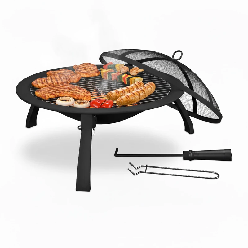 Relaxdays Fire Pit, Bowl Ø 51 cm, Folding Legs, with Grill, Spark Guard & Poker, Outdoor Basket Barbecue, Camping, Black, Steel, Plastic