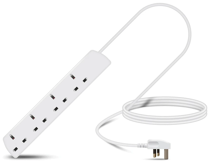 Eagle Four Gang Mains Power 13A Extension Socket to 13A UK Plug Lead Cable, British Standards BS1363 2m