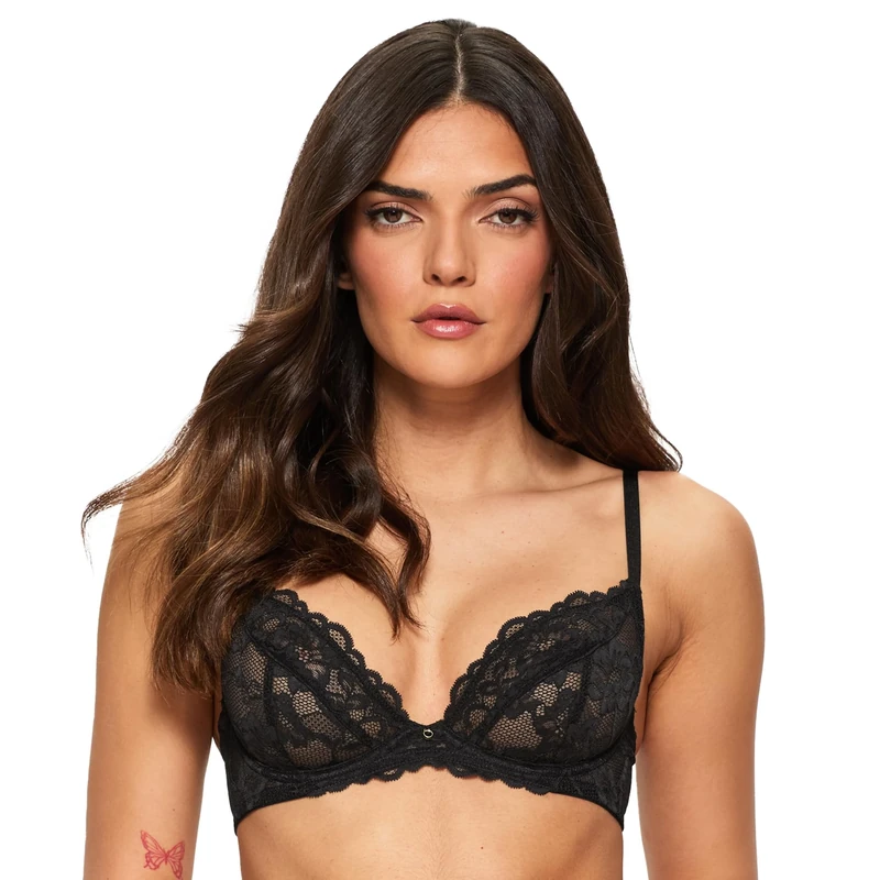 Ann Summers Valentines Sexy Lace Non Padded Plunge Bra, A-D Cup, Curve-Enhancing Womens Underwear with Unlined Lace Cups, Underwire Support & Sculpting Boning Black - Womens Lingerie