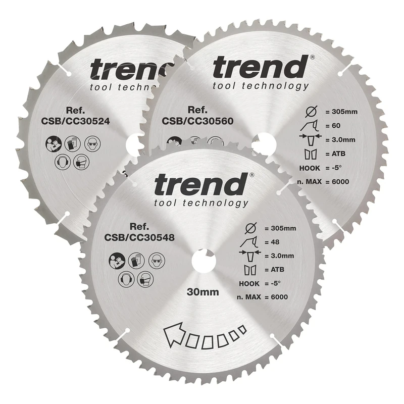 Trend Wood Mitre Saw Blade, 305mm Diameter, 30mm Bore, 24/48/60 Teeth, 3.0mm Kerf, -5° Hook, TCT, Coarse/Medium/Fine Finish, 3 Pack, CSB/CC305/3/A