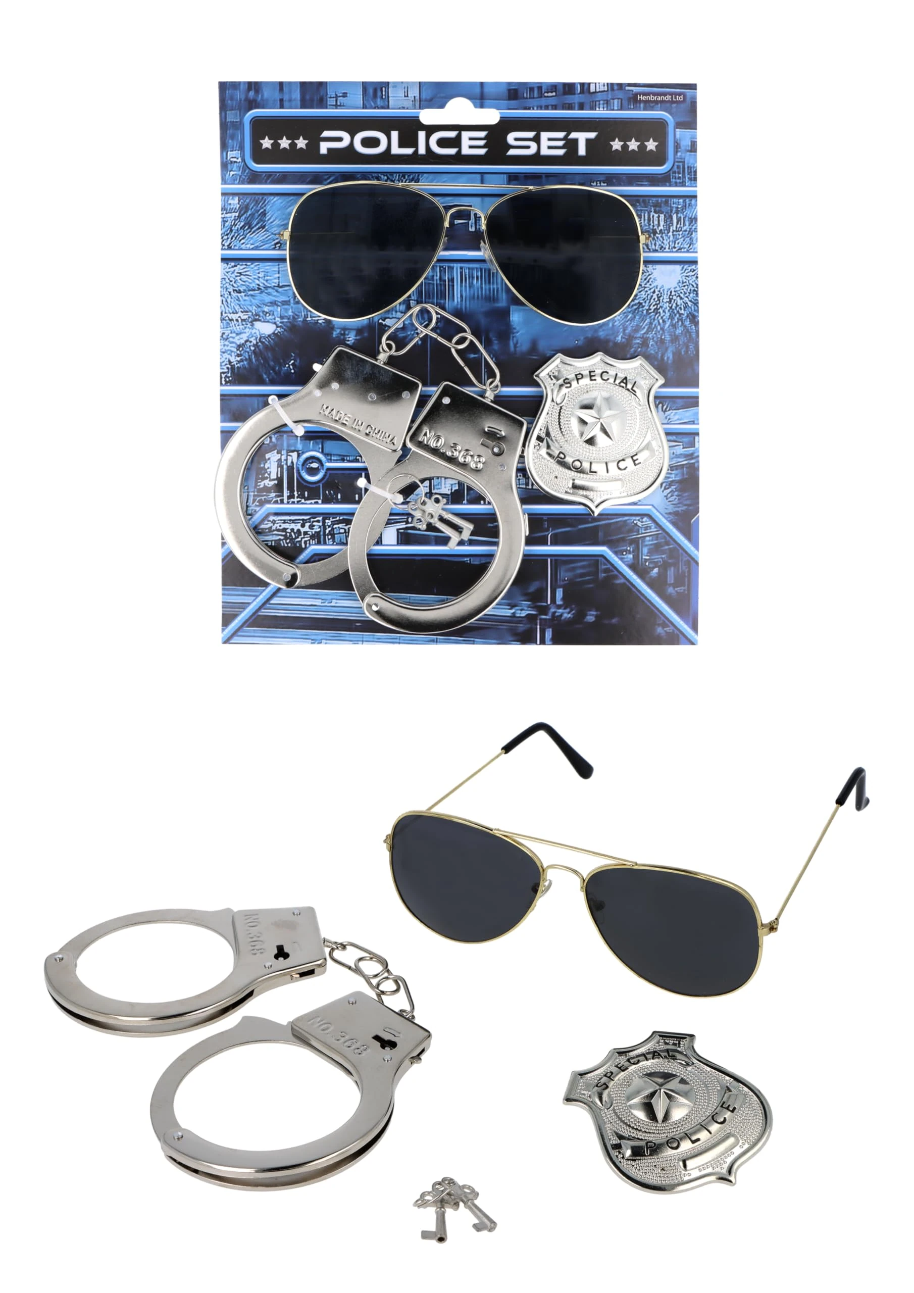 HENBRANDT Single Adult Police Detective Fancy Dress Set with Dark Sunglasses, Police Badge and Handcuffs Uniform Cosplay Halloween Cops and Robbers Accessories Set for Men and Women