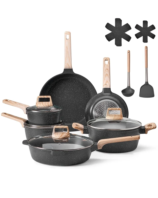 VEVOR 17 Piece Pots and Pans Set Nonstick, Granite Cookware Set, Induction Cookwares, Kitchen RV Cooking Sets with Frying, Sauce, Saute, Tempered Glass Lids, and Pan Protectors, Black