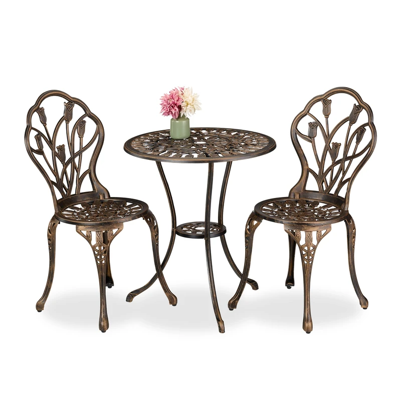 Relaxdays Garden Bistro Set, 3-Piece, Table & 2 Chairs, Antique Style, Patio Furniture, Outdoor Dining, Black/Bronze