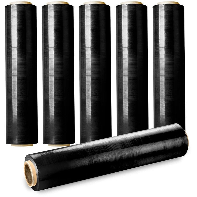 Pack of 6 Black Opaque Stretch Wrapping Films, Width 40 cm, for Pallet and Parcel, 150 m to 200 m Roll, 23 Microns, Self-Adhesive, Protective Film for Moving, Cartons, Furniture